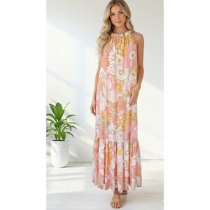 LaRoque Sullivan Silk Maxi Dress Palm Beach Floral Medium Pink Tiered Halter